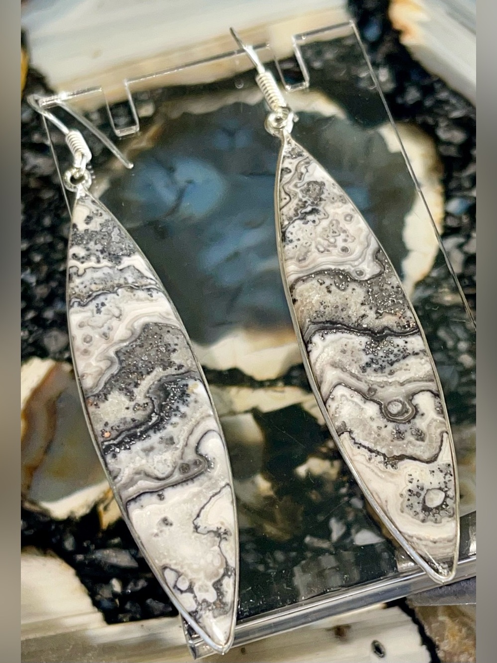Jumbo Elongated Zebra Jasper Earrings 3 1/4”
